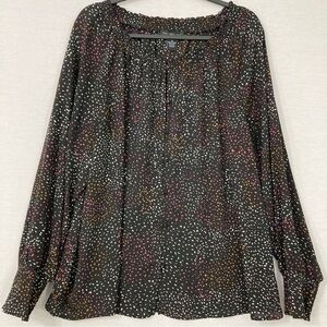 Joan Vass Black Polka Dot Ruffle Neck Lightweight Long Sleeve Blouse 1X